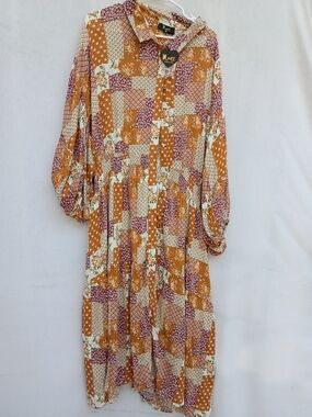 Meritt Mustard & Plum Boho CottageCore Patchwork Maxi Dress
